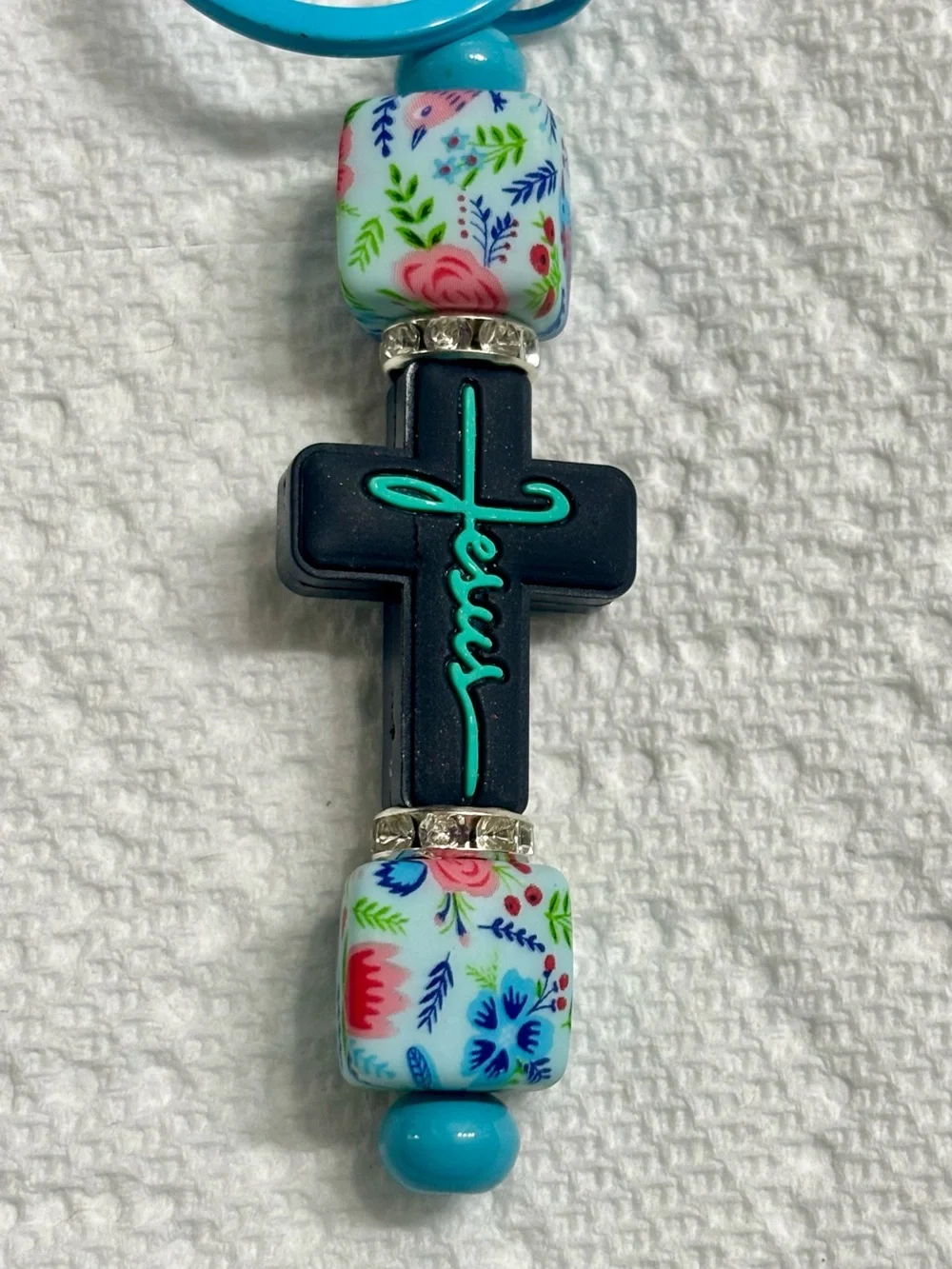 NIP Turquoise Blue Cross Keychain with Floral Beads